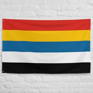 Puede incluir: Una bandera de cinco franjas horizontales de color rojo, amarillo, azul, blanco y negro. La bandera está colgada en una pared de ladrillo blanco.