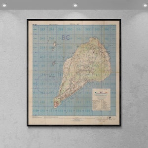May include: A vintage map of an island with a grid pattern and topographical features. The map is titled "SPECIAL MAP" and includes the letters "BC" in the center. The map is printed on a light blue background with brown lines and text.