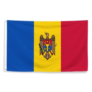 Könnte beinhalten: Die Flagge Moldawiens, eine dreifarbige Flagge mit einem blauen Streifen links, einem gelben Streifen in der Mitte und einem roten Streifen rechts. Der gelbe Streifen zeigt das Staatswappen, das einen Adler darstellt, der ein Kreuz im Schnabel und ein Zepter in der rechten Kralle hält.