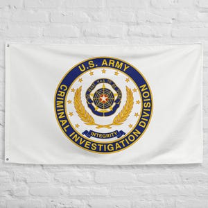 May include: White flag featuring the U.S. Army Criminal Investigation Division emblem. The emblem is circular, with a blue border and gold stars, and includes the text "U.S. ARMY" and "CRIMINAL INVESTIGATION DIVISION".