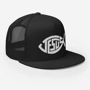 Le symbole Ichthys Jésus poisson Casquette de camionneur en plein air Casquette de baseball brodée pour hommes et femmes, casquette de golf Snapback en maille