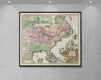 Antique North America Map Print: 1734 Vintage Wall Art