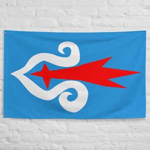 May include: A blue flag with a white stylized design of a heart with two swirls and a red arrow pointing to the right.