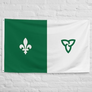 Puede incluir: Una bandera verde y blanca con una flor de lis blanca en el lado verde y un trillium estilizado blanco en el lado blanco.