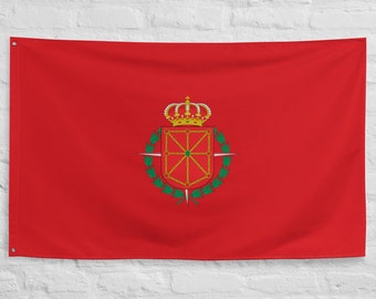 May include: A red flag with a green wreath and a gold crown and shield in the center.