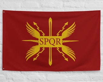 May include: A red flag with a gold emblem featuring a winged spear and the text "SPQR".