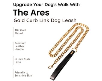 18K Chain Dog Leash Leather Handle Dog Walking Accessories - Dog Chain Leash for Small, Medium, Large Dogs - 2,3 Ft Leash Dog Accessories