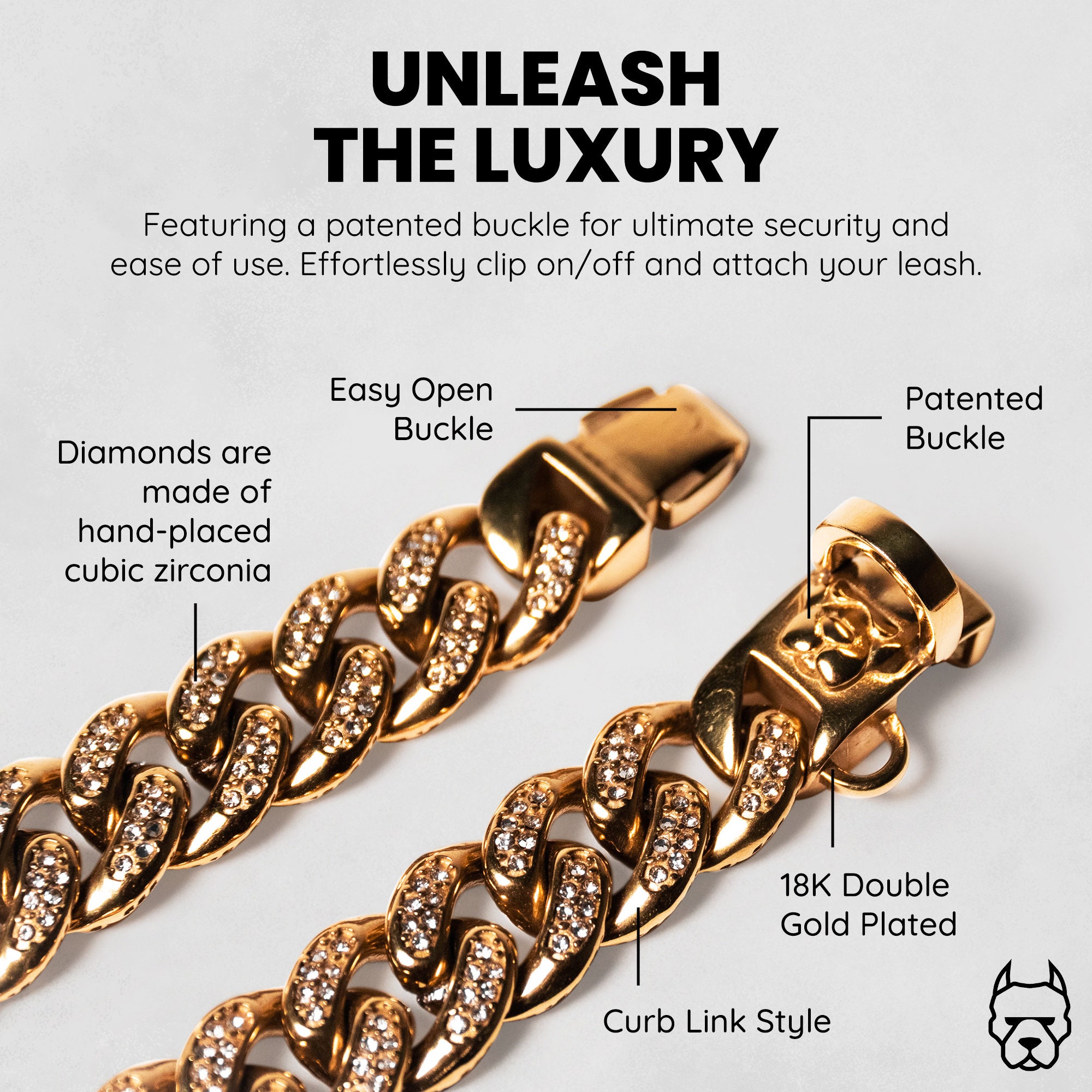  New Gold Chain Dog Collar with Bling Cubic Zirconia Secure  Clasp,15MM Strong Stainless Steel Cuban Link Chain Collars,Luxury Necklace  Walking Collar for Small Medium Dogs : Pet Supplies