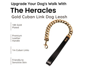18K Gold Plated Luxury Design Dog Leash Chain With Leather Handle for Medium, Large Dogs -  French Bulldog, Pitbull Dog Dad Acceesories Gift