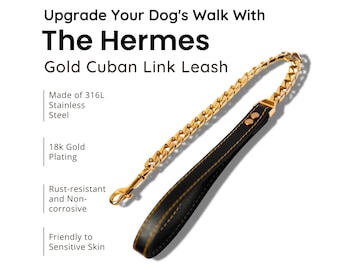 Leather Dog Gold Chain - Leather Handle Dog Walking Leash - Chain Dog Leash - Pet Accessories Gift - 18K Gold Plating Chain -Large Dog Chain
