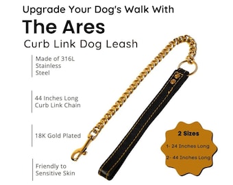 18K Gold Plated Dog Leash: Stainless Steel Curb Chain with Leather Handle