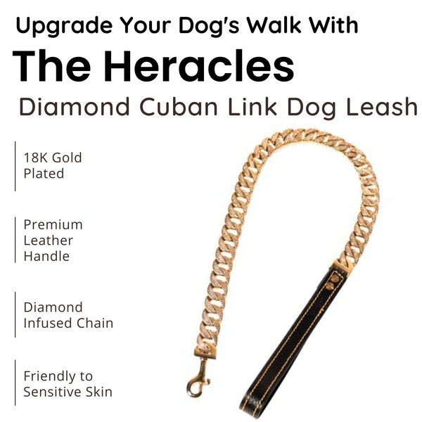 Heracles Diamond Cuban Link Dog Leash - Luxury Gold Cuban Link Chain Dog Leash - Personalized Christmas Gifts - French Bull Dog Leash Set