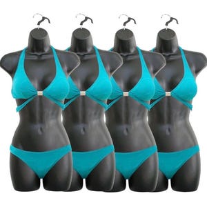 Maniquí femenino negro con caderas largas y espalda hueca, torso para vestido, con gancho para colgar, tallas S-M.