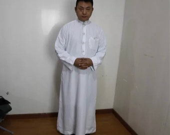 Hombres Blanco Jubba Thobe Arabia Saudita Jalabiya Manga Larga Abaya Kaftan Robe