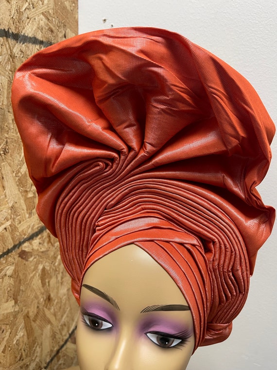 Ready to wear Auto Gele Hat and Scarf Auto Gele Ready to Wear, Silver Raw Silk Gele, Gold Nigerian  main image 4