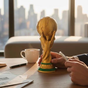May include: A gold trophy, featuring a globe held by two figures, stands on a wooden table. The base is green with white text. A white coffee cup, pen, and papers are also on the table. A city skyline is visible in the background.