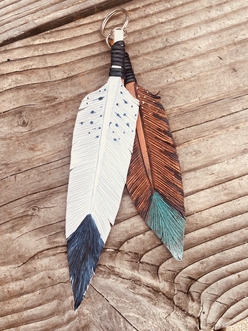 Hand Tooled Leather Feather Keychain - Etsy