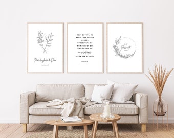 Set of 3 Digital Verse Illustrations to Frame Hand Drawn Calligraphy Flower Bouquet Minimalist White