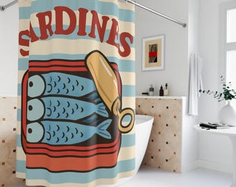Vintage Sardines Shower Curtain, Retro Nautical Bathroom Decor