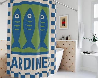 Sardines Shower Curtain, Retro Bathroom Decor, Nautical Home Accessory, Coastal Vibe, Fish Themed Gift