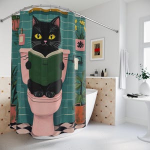 Whimsical Cat Shower Curtain, Fun Bathroom Decor, Cat Lover Gift, Unique Home Accent, Reading Cat Design, Playful Bathroom Accessory