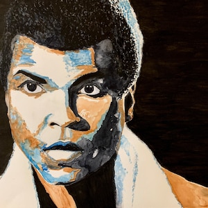 May include: A watercolor painting of a man with a dark complexion. The man is looking directly at the viewer. His face is painted in shades of blue, white, and brown. He is wearing a white towel around his neck. The background is black.