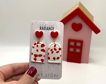 Valentine Red & White Terrazo Heart Dangle Earrings