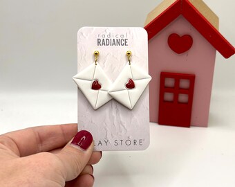 Envelope with Red Heart Valentine Dangle Earrings