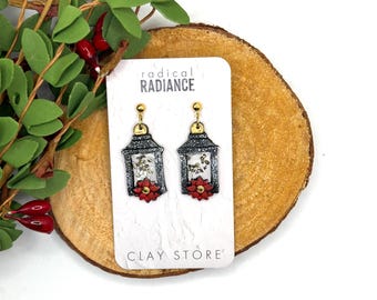 Christmas Lantern with Glass Pane + Poinsetta Dangle Earrings