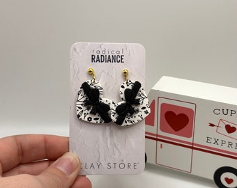 Valentine Black & White Heart Dangle Earrings with Bow