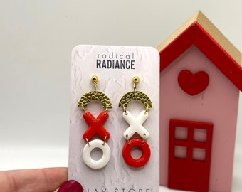 X & O Red and White Valentine Dangle Earrings with Gold Charm