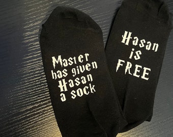 Personalised ‘Master has given Dobby a sock, Dobby is free’ socks. Adult harry potter socks, male and female socks available