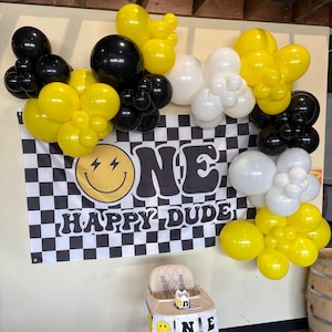 One Happy Dude, DIY Balloon Garland Kit, One Cool Dude Birthday Decorations, First Birthday Boy, Race Car, Smiley Face, Balloon Arch, Yellow