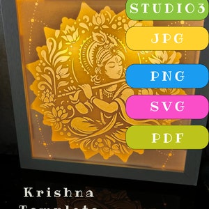 Krishna Deus Indiano - Modelo de Caixa de Luz Recortada em Papel, Caixa de Sombra, Modelo de Recorte em Papel 3D, SVG Digital, Silhueta, Corte à Mão, Faça Você Mesmo