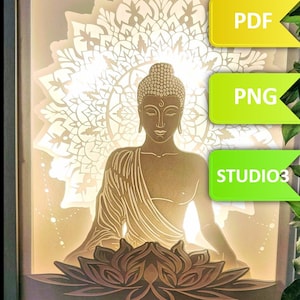 Buda tranquilo y sereno: plantilla de caja de luz recortada en papel, caja de sombras, plantilla de recorte de papel 3D, SVG digital, silueta, corte a mano, bricolaje