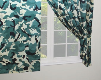 Camouflage 66" x 72" Khaki Green Cream Black Unlined Pencil Pleat Curtains Army