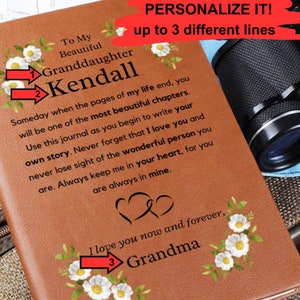 Pode incluir: Um diário de couro marrom com uma mensagem personalizada para uma neta. A mensagem diz: "Para a minha querida neta Kendall. Um dia, quando as páginas da minha vida terminarem, você será um dos capítulos mais belos. Use este diário para começar a escrever sua própria história. Nunca se esqueça de que eu te amo e nunca perca de vista a pessoa maravilhosa que você é. Guarde-me sempre em seu coração, porque você sempre está no meu. Eu te amo agora e para sempre, Avó".