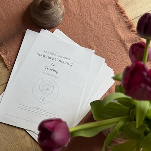 May include: A pile of white paper sheets with the text "Little Lights Homeschool Scripture Colouring & Tracing" and a lightbulb logo. The papers are on a terracotta-coloured fabric, with a wooden candlestick and purple tulips.