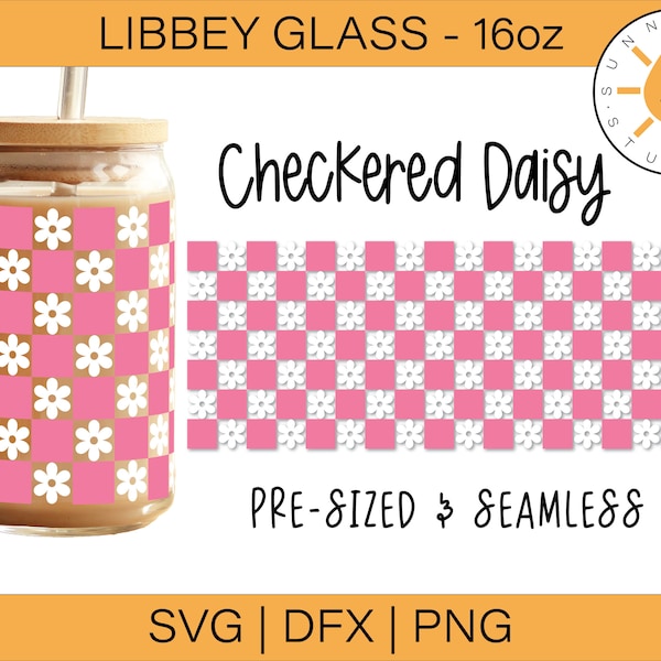 Libbey Checkered Daisy SVG 16oz, Libbey Glass 16oz SVG, Libbey Wrap SVG, Daisy svg, Retro wrap,  Glass can wrap svg, Libbey Can Wrap uvdtf