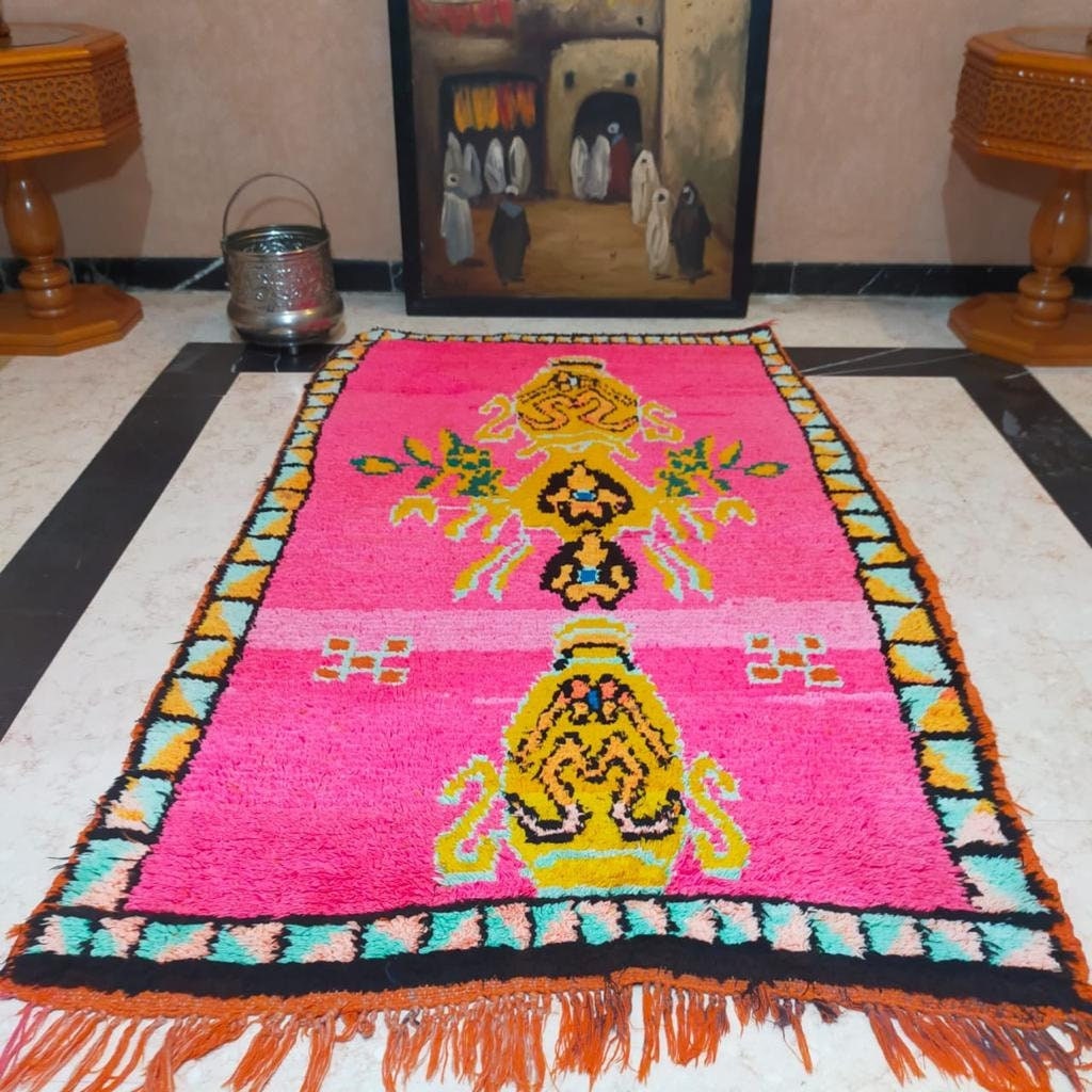 Tapis Vintage Boucherouite Berbère - Fait Main Maroc Tapis Couloir Rose