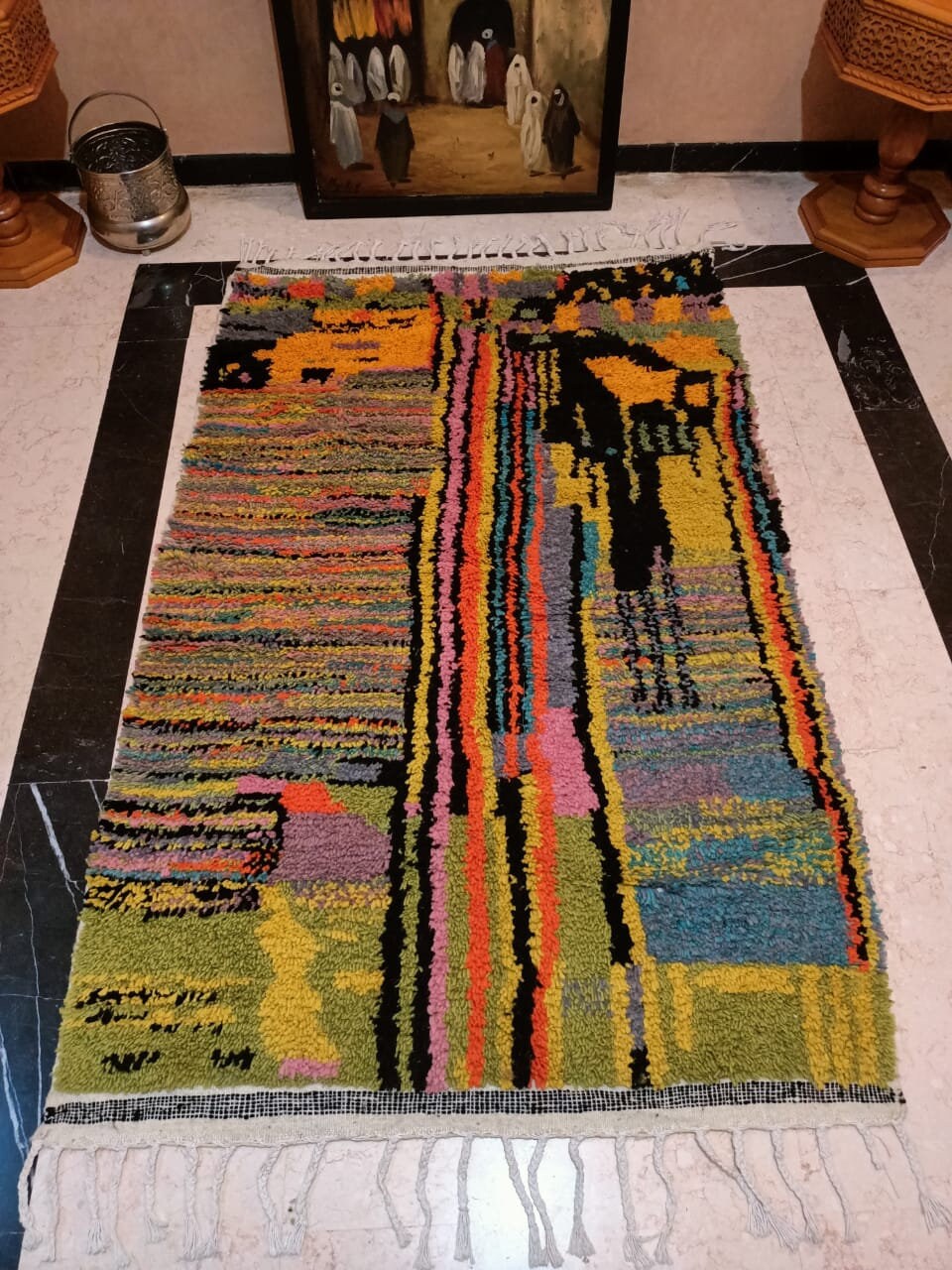 Tapis Berbère Azilale Marocain Picasso2» Fait à La Main en Laine 1.75x1.10 cm .