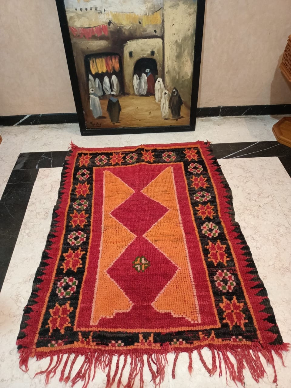 Petit Tapis Marocain -Vintage Tissage Manuel, Pièce Unique , Tradionnelle