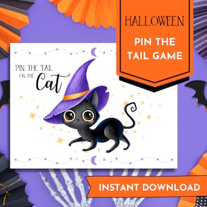 Halloween Pin the Tail Party Game Printable, lustige Urlaubsaktivität, Kinderspiel, Schulaktivität, Pin the Tail on the Cat
