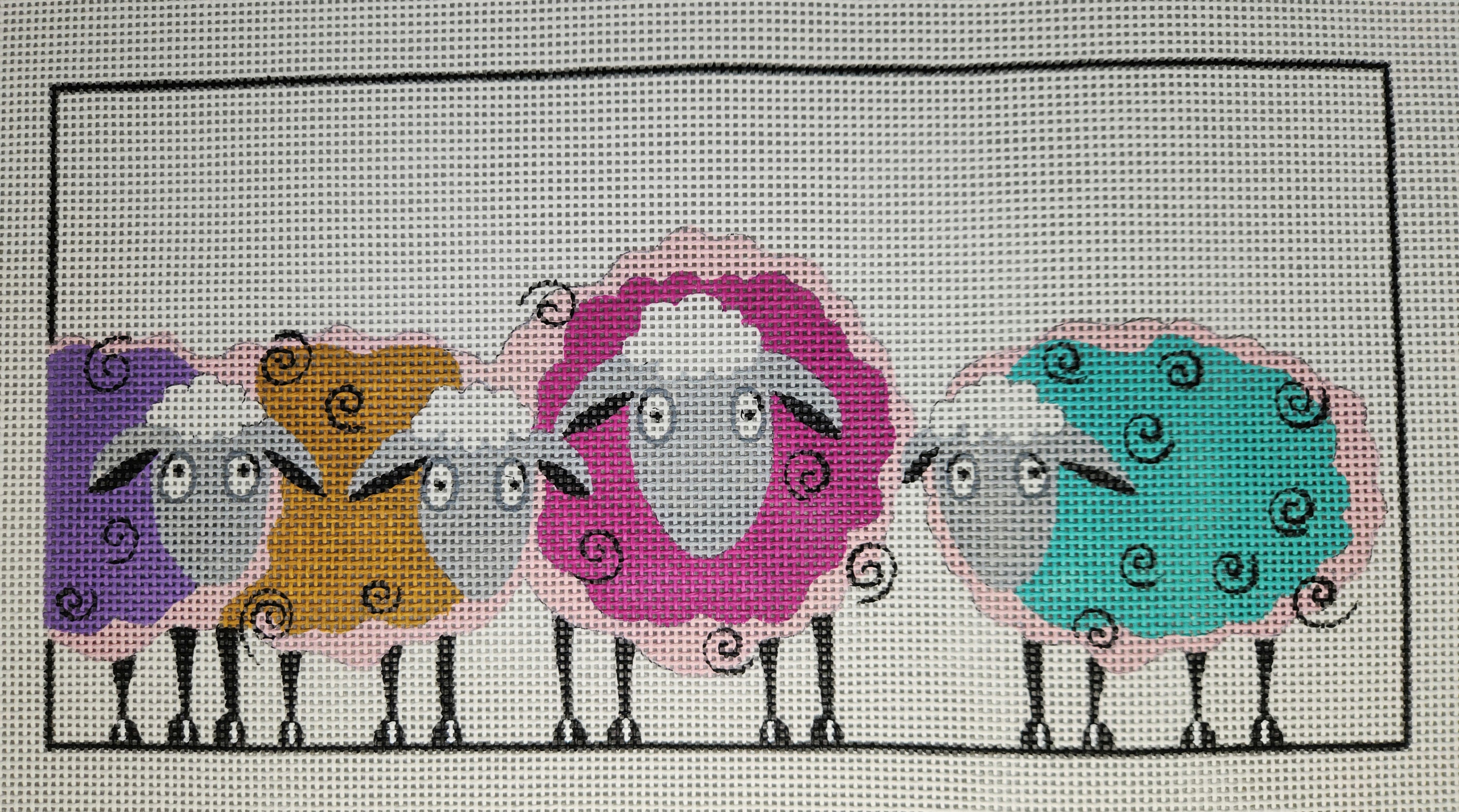 Wee Three Sheep needlepoint kit is on 10 mesh canvas and measures