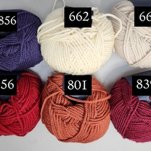 May include: Six balls of yarn in different colors: dark purple, off-white, cream, red, orange, and burgundy. Each ball has a label with a number on it: 9856, 662, 663, 656, 801, and 839.