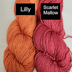 May include: Two skeins of yarn, one orange and one red. The orange skein is labeled "Lilly" and the red skein is labeled "Scarlet Mallow".