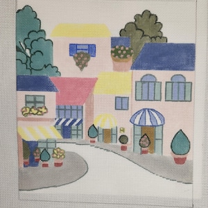 Street Scene with Stitches - Unique Handpainted Needlepoint Canvas