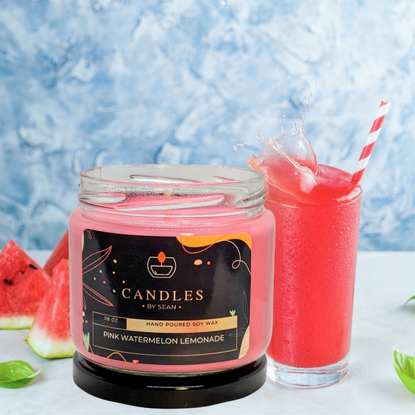 Pink Watermelon Lemonade Scented Candle | All-Natural Soy Wax | 8-Ounces | Hand Poured | Top Fragrance Notes: Watermelon, Lemon, Green Leaf