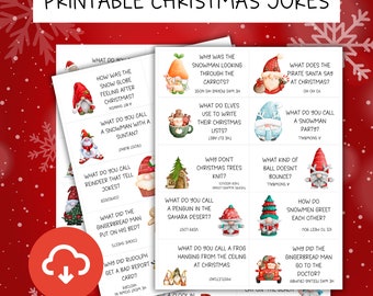 Könnte beinhalten: Druckbare Weihnachts-Witze-Karten mit Illustrationen von Gnomen, Schneemännern und Rentieren. Die Karten zeigen eine Vielzahl von Weihnachts-Wortspielen und Rätseln.