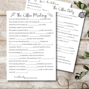 May include: Three sheets of white paper with fill-in-the-blank text about office events. One sheet is titled "The Office Meeting" and another "The Office Party". The third sheet is titled "Team building".
